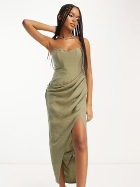green peplum dress asos ASOS DESIGN peplum halterneck maxi dress with sheer skirt in bottle green in scuba-style fabric